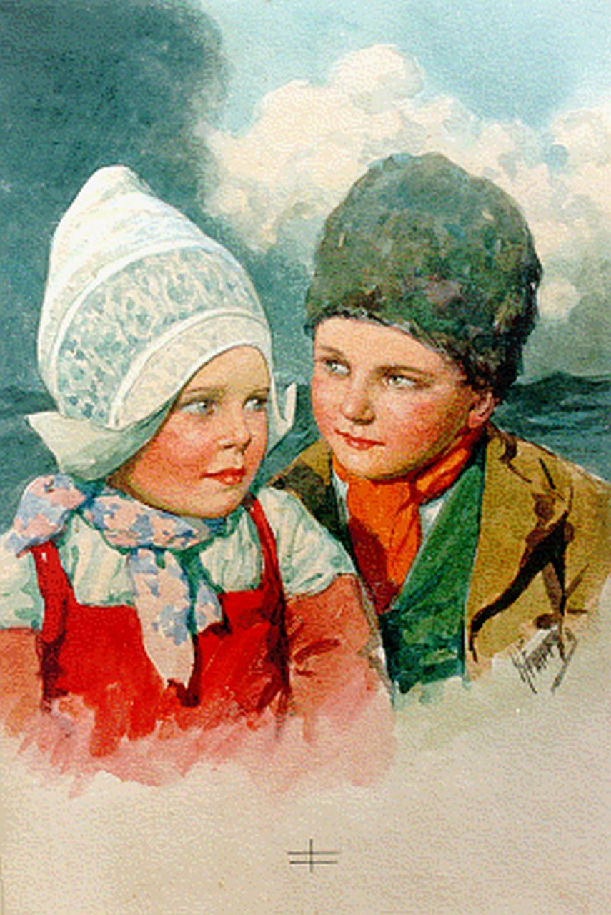 Feiertag K.  | Karl Feiertag, Volendamse jongen en meisje, aquarel op papier 24,0 x 17,8 cm, gesigneerd rechtsonder