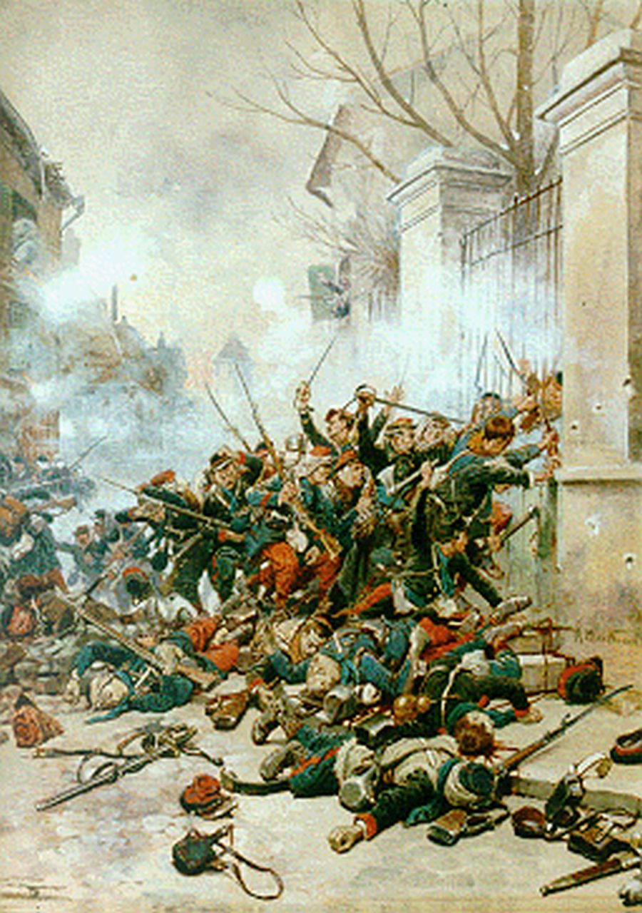 Neuville A.M. de | Alphonse Marie de Neuville, Plunderende soldaten, aquarel op papier 66,0 x 48,0 cm, gesigneerd rechts van het midden