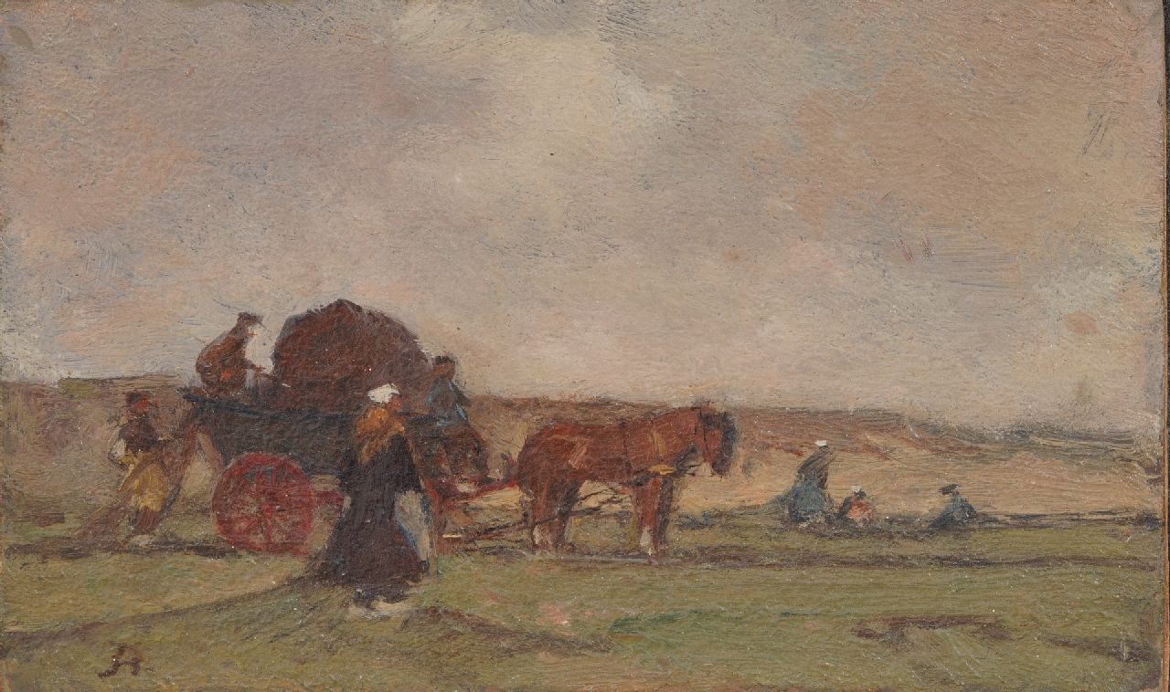 Akkeringa J.E.H.  | 'Johannes Evert' Hendrik Akkeringa | Schilderijen te koop aangeboden | Netten boeten achter de duinen, olieverf op paneel 7,5 x 12,4 cm, gesigneerd linksonder met initiaal