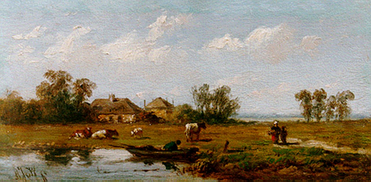Wijngaerdt A.J. van | Anthonie Jacobus van Wijngaerdt, Boerenlandschap met riviertje, olieverf op paneel 7,8 x 15,0 cm, gesigneerd linksonder ini