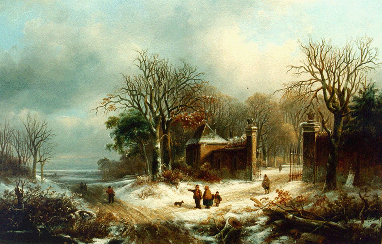 Velzen J.P. van | Johannes Petrus van Velzen, Figuren in besneeuwd winterlandschap, olieverf op paneel 44,5 x 59,5 cm, gesigneerd linksonder