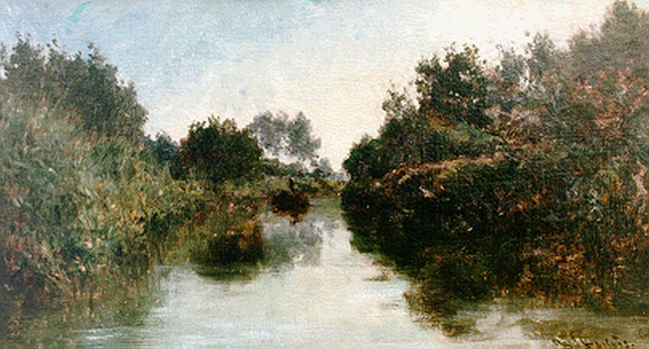 Roelofs W.  | Willem Roelofs, Vaart met duwschuit, olieverf op doek op schildersboard 23,0 x 40,5 cm, gesigneerd rechtsonder