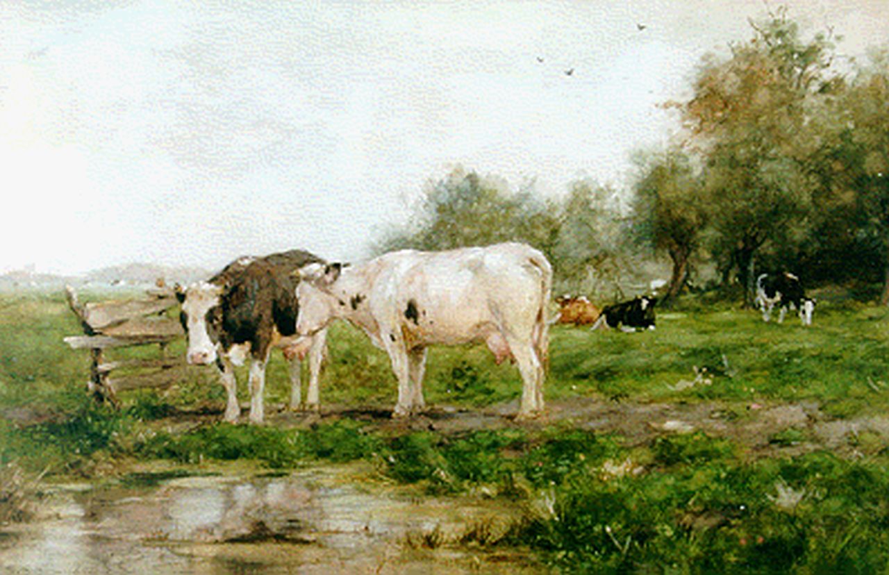 Groenewegen A.J.  | Adrianus Johannes Groenewegen, Melkvee in de weide, aquarel en gouache op papier 34,5 x 52,0 cm, gesigneerd linksonder