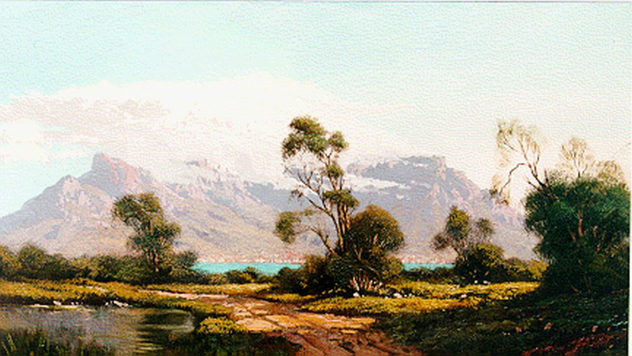 Jongh M.J. de | Martinus Johannes 'Tinus' de Jongh, De Tafelberg in Zuid Afrika, olieverf op doek 23,0 x 42,0 cm, gesigneerd rechtsonder