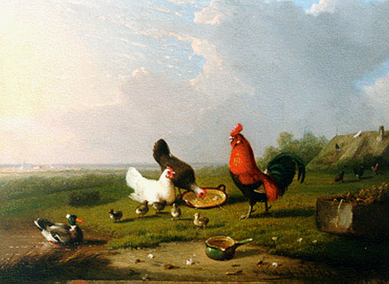 Severdonck F. van | Frans van Severdonck, Kippen en een eend bij een boerderij, olieverf op paneel 18,2 x 23,7 cm, gesigneerd rechtsonder en gedateerd 1863