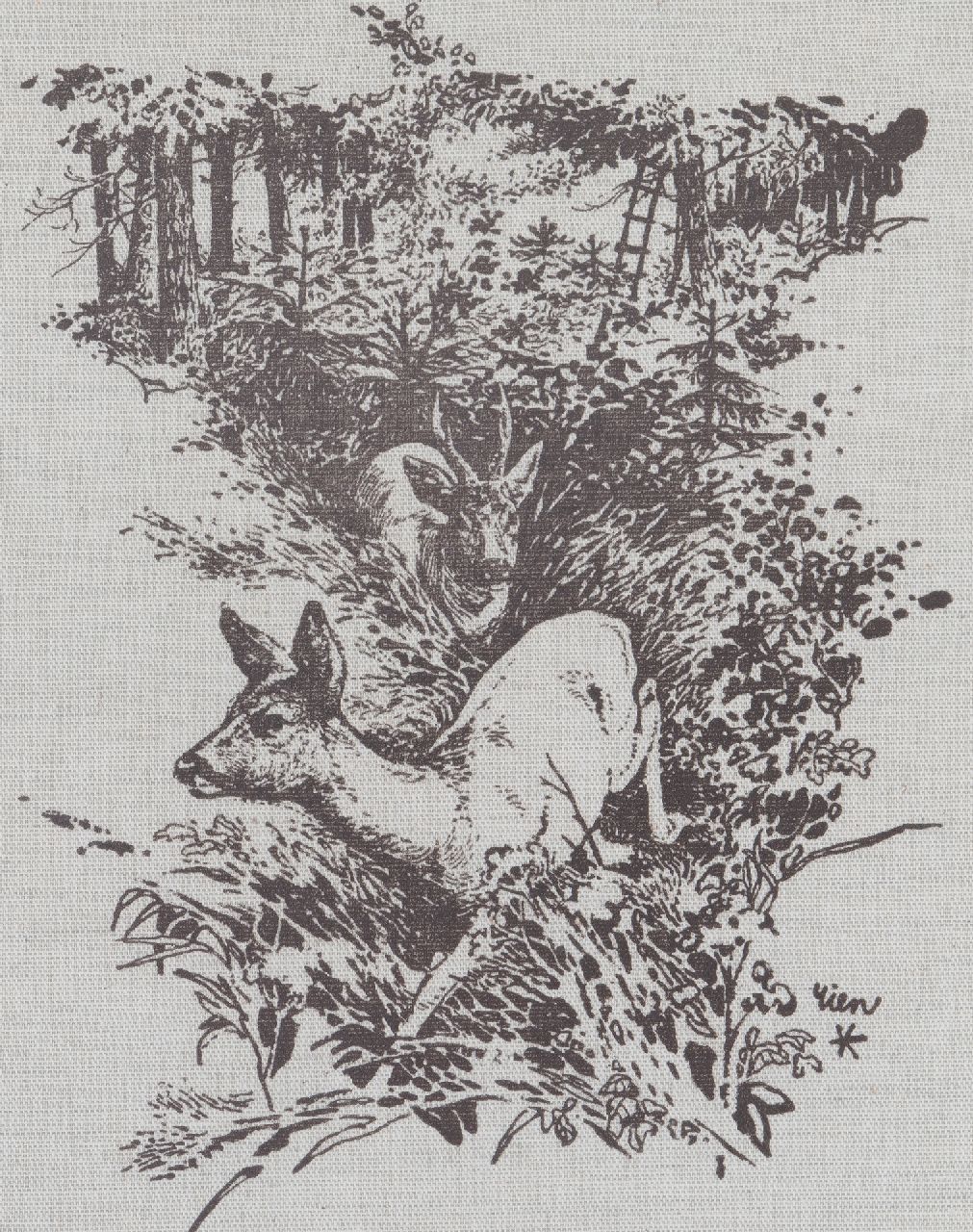 Poortvliet R.  | Rien Poortvliet, Twee herten, druk op doek 32,0 x 25,5 cm, gesigneerd rechtsonder