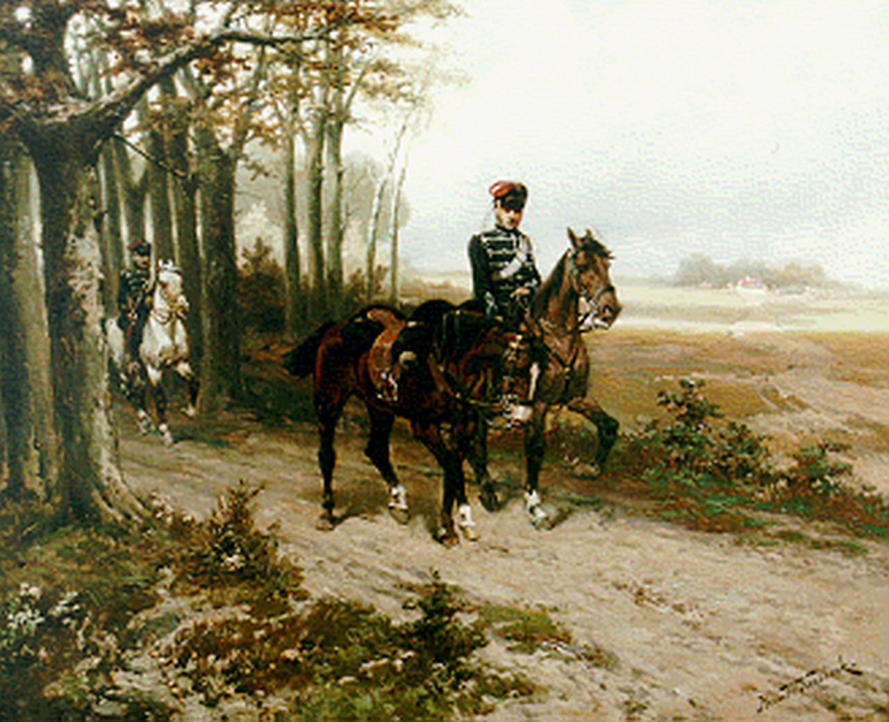 Koekkoek H.W.  | Hermanus Willem Koekkoek, Huzaren en paard zonder berijder, olieverf op doek 43,0 x 53,6 cm, gesigneerd rechtsonder