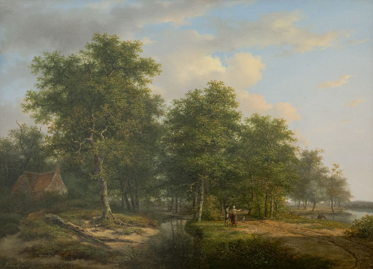 Schelfhout A.  | Andreas Schelfhout | Schilderijen te koop aangeboden | Boslandschap met figuren bij een riviertje (pendant van winterlandschap), olieverf op paneel 52,8 x 72,5 cm, gesigneerd linksonder en te dateren ca. 1815