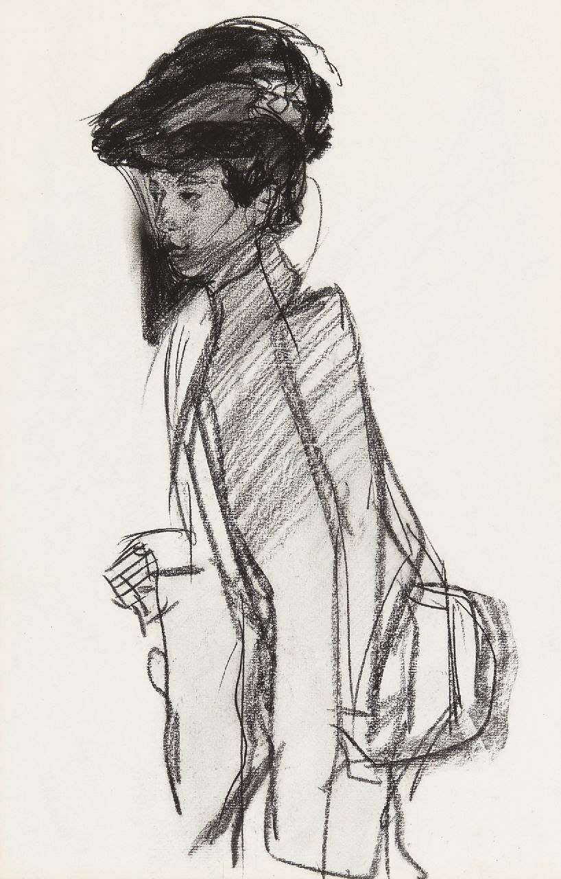 Israels I.L.  | 'Isaac' Lazarus Israels, Dame met hoed, houtskool op papier 42,0 x 27,0 cm