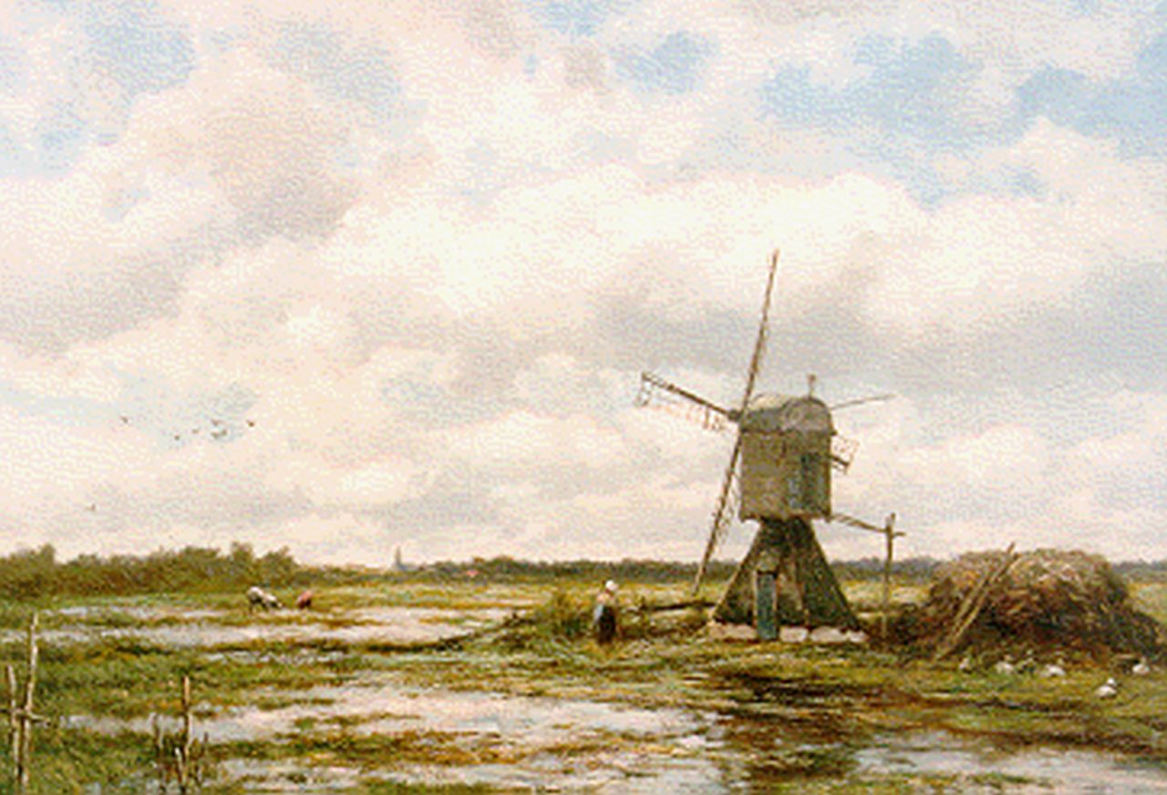 Koekkoek J.H.B.  | Johannes Hermanus Barend 'Jan H.B.' Koekkoek, Polderlandschap met molen, olieverf op doek 51,0 x 72,8 cm, gesigneerd linksonder