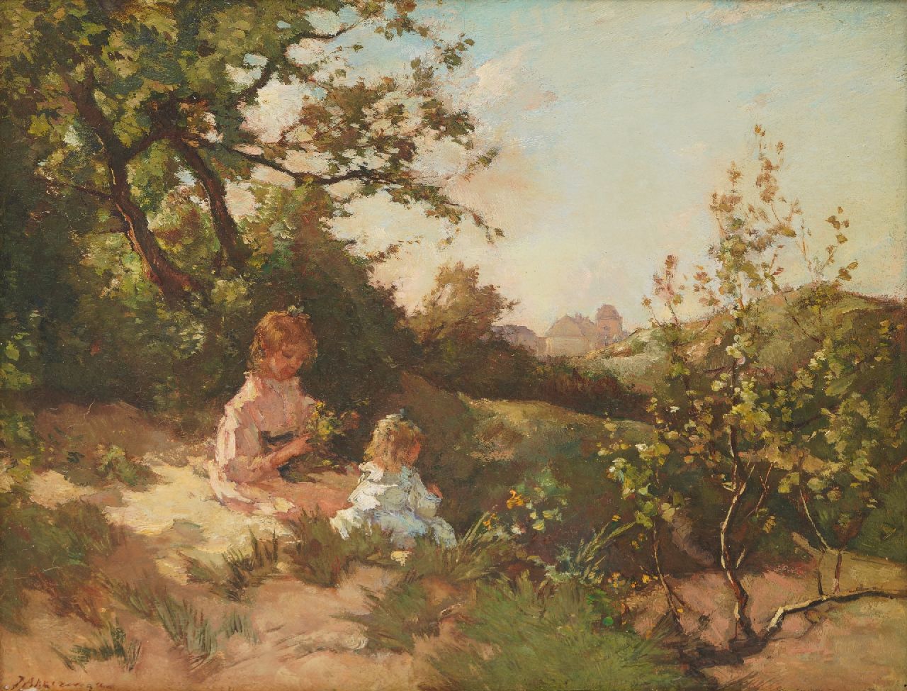 Akkeringa J.E.H.  | 'Johannes Evert' Hendrik Akkeringa | Schilderijen te koop aangeboden | Kinderen in de duinen, olieverf op paneel 31,5 x 39,0 cm, gesigneerd linksonder