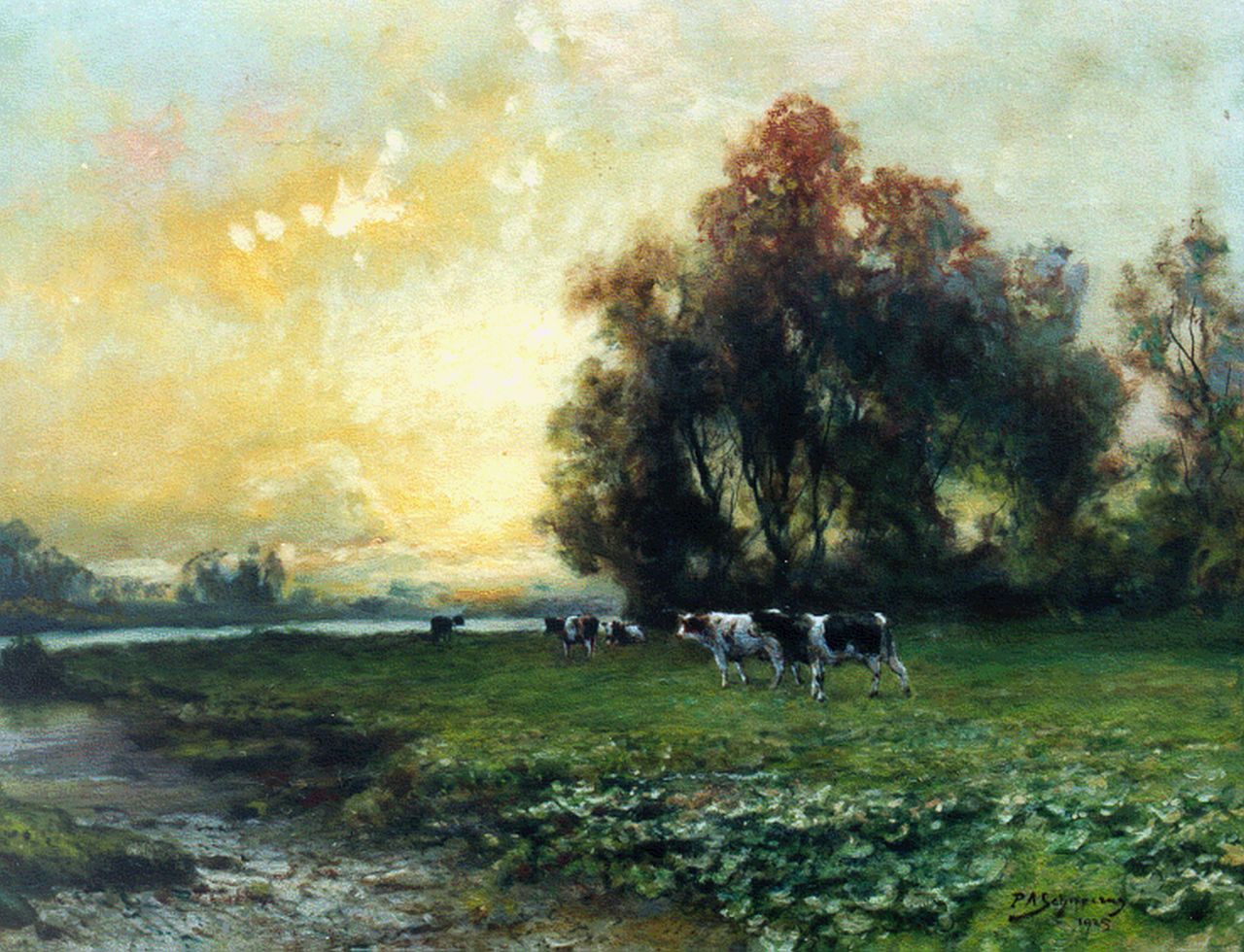 Schipperus P.A.  | Pieter Adrianus 'Piet' Schipperus, Rivierlandschap met koeien, olieverf op doek 60,0 x 80,0 cm, gesigneerd rechtsonder en gedateerd 1925