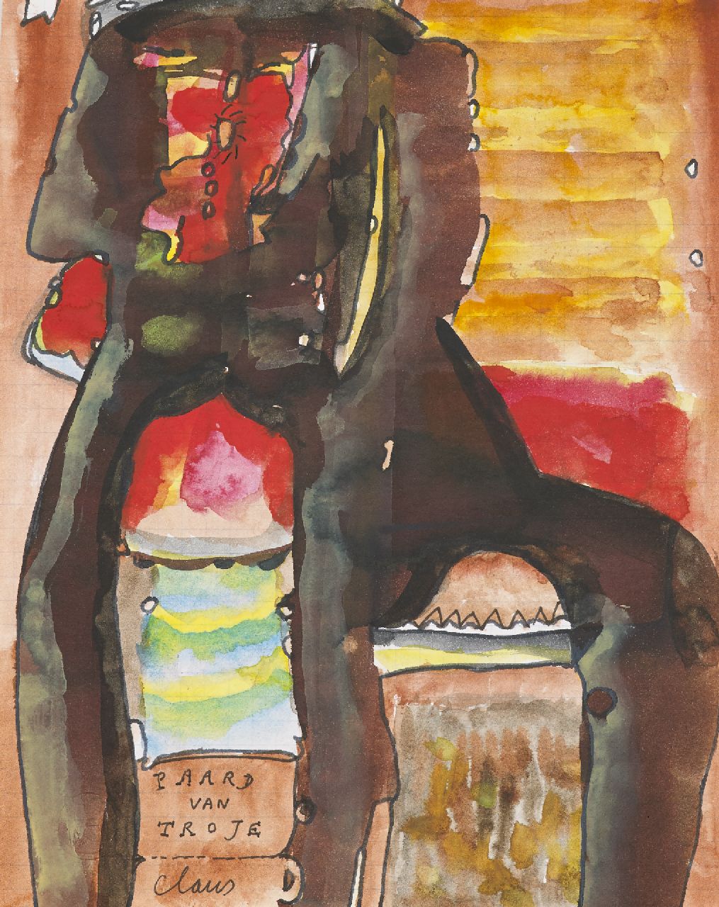 Hugo Claus | Paard van Troje, inkt en aquarel op papier, 19,3 x 15,1 cm, gesigneerd l.o.