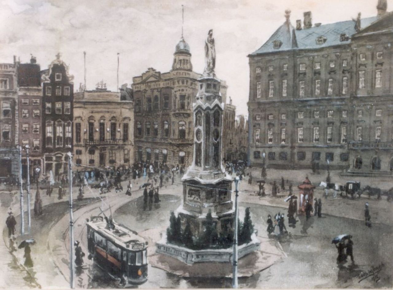 Jongh M.J. de | Martinus Johannes 'Tinus' de Jongh, Gezicht op de Dam, aquarel op papier 16,5 x 22,5 cm, gesigneerd rechtsonder en gedateerd 1912