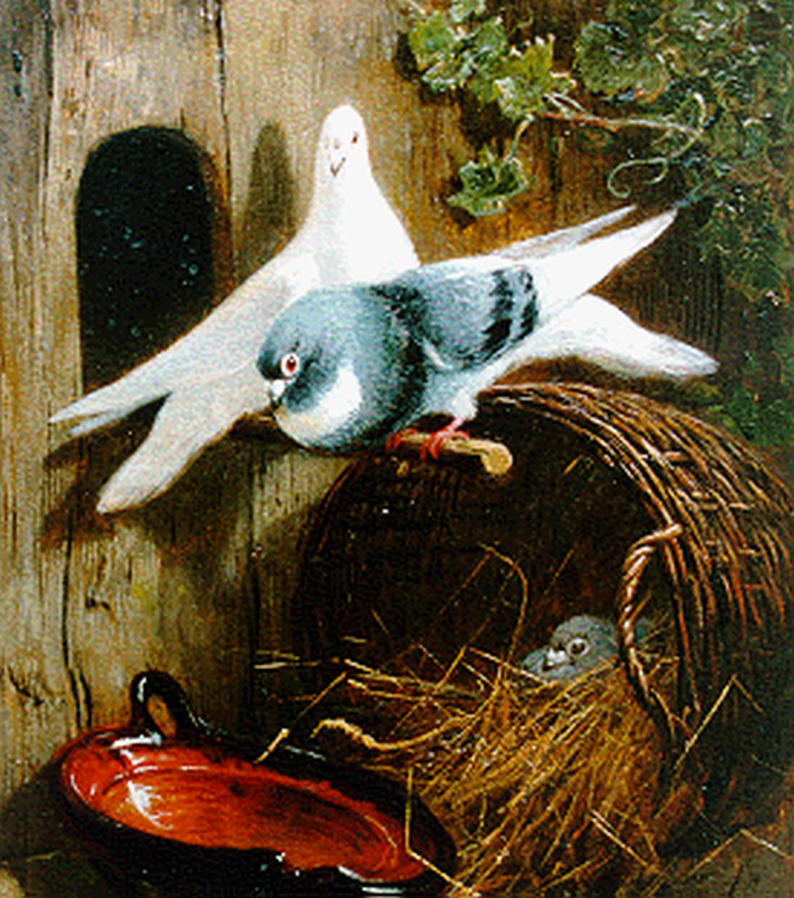 Ronner-Knip H.  | Henriette Ronner-Knip, Drie duiven bij een mand, olieverf op paneel 19,4 x 15,8 cm, gesigneerd rechtsonder