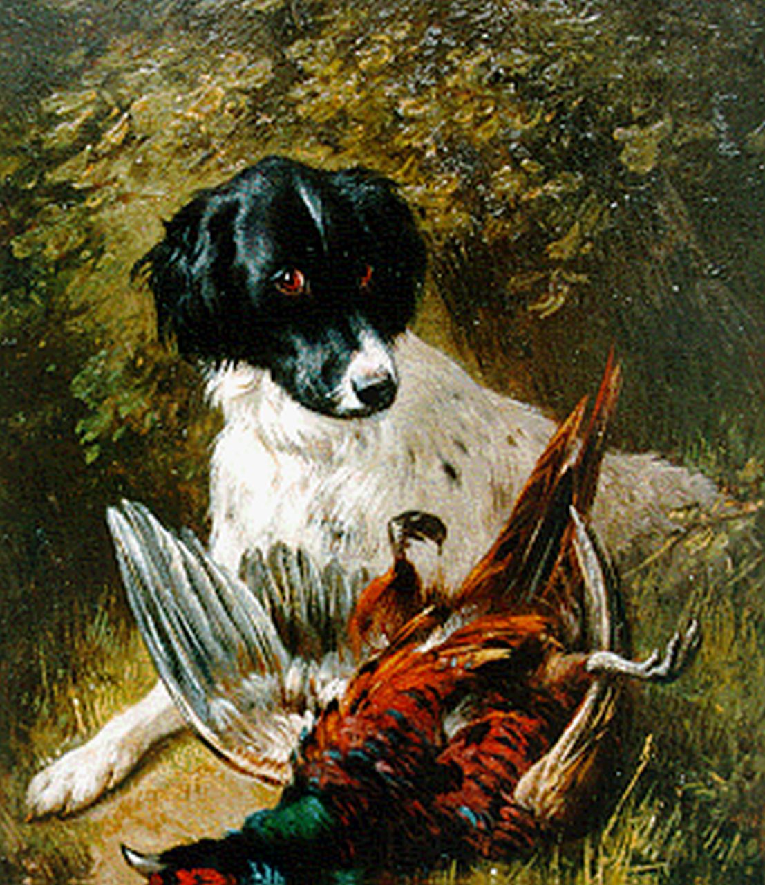 Ronner-Knip H.  | Henriette Ronner-Knip, Spaniel bij zijn buit, olieverf op paneel 19,5 x 15,8 cm, gesigneerd rechtsonder