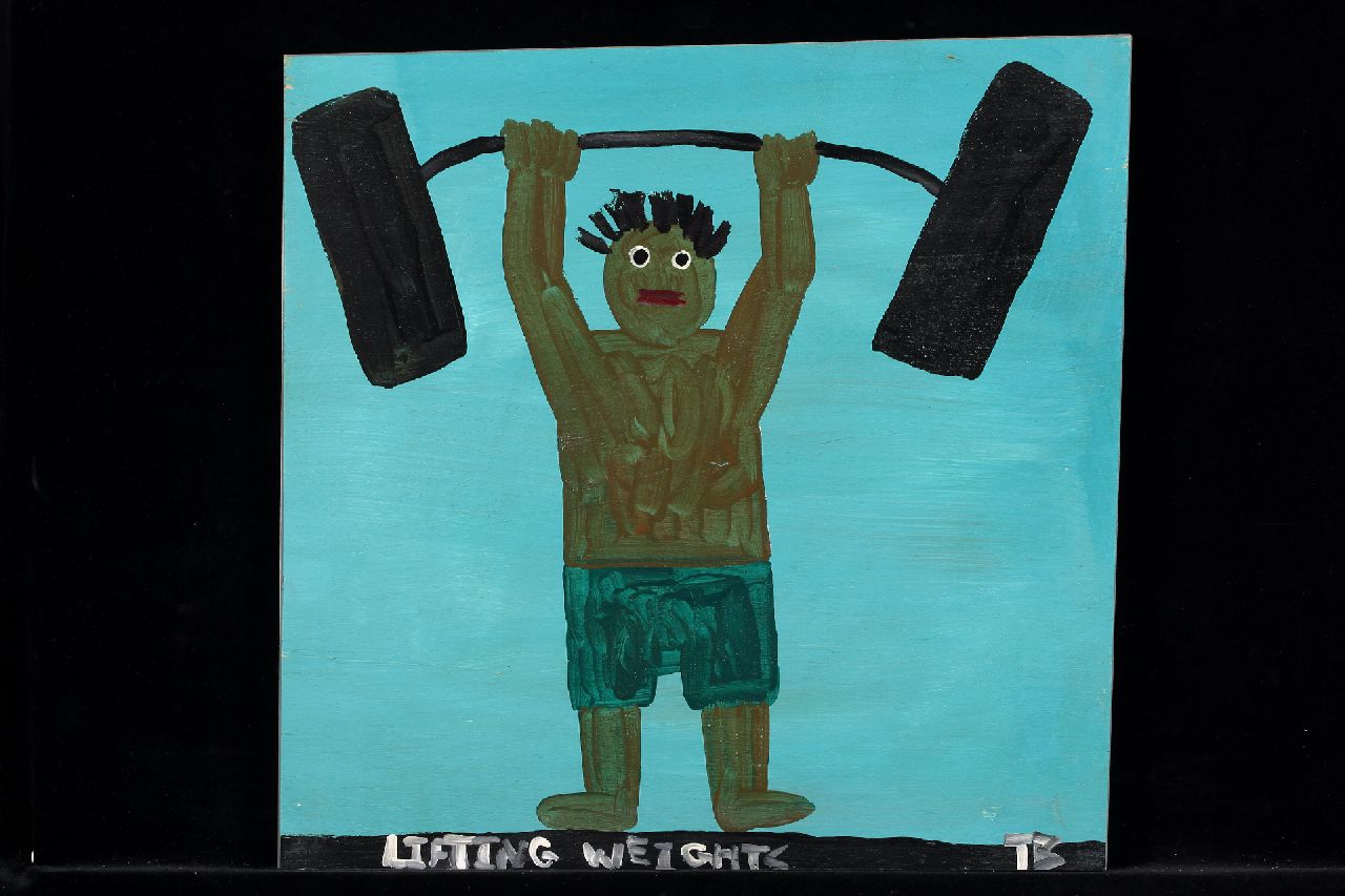 Brown T. | Timothy 'Tim' Brown, Lifting weights, acryl op paneel 42,0 x 43,0 cm, gesigneerd rechtsonder met initialen Brown T. | Timothy 'Tim' Brown, Lifting weights, acryl op paneel 42,0 x 43,0 cm, gesigneerd rechtsonder met initialen