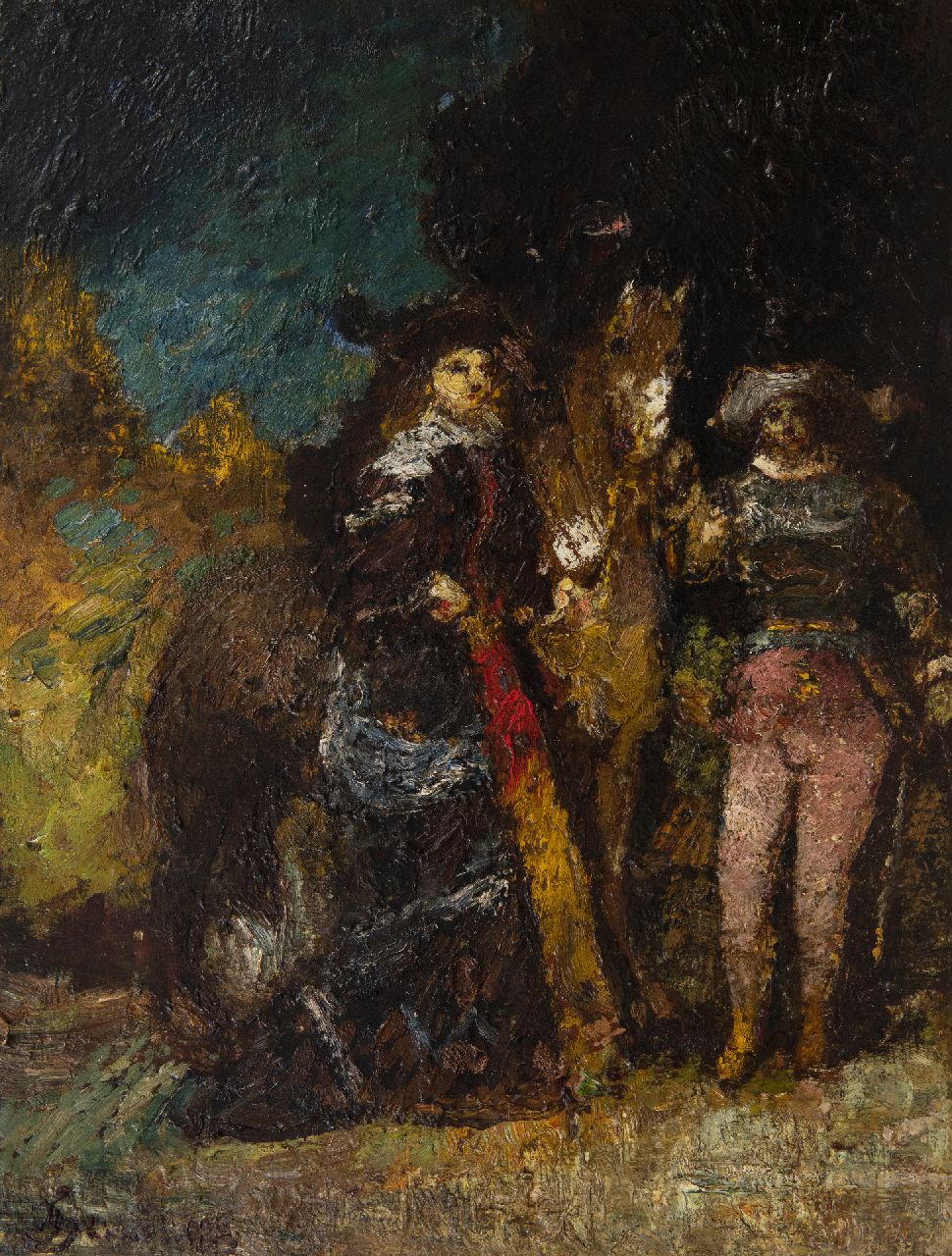 Monticelli A.J.T.  | 'Adolphe' Joseph Thomas Monticelli Monticelli | Schilderijen te koop aangeboden | Travesti, olieverf op paneel 48,2 x 36,7 cm, gesigneerd linksonder en te dateren ca. 1875-1880