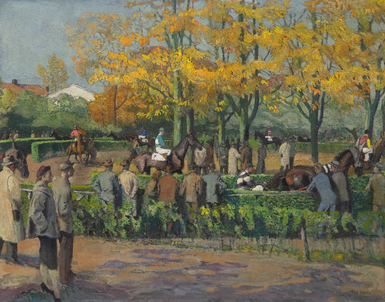 Dom P.L.C. | Paulus Ludovicus Carolus 'Pol' Dom | Schilderijen te koop aangeboden | Toeschouwers bij de paddock van de renbaan Duindigt in Wassenaar, olieverf op doek 65,7 x 81,8 cm, gesigneerd rechtsonder en op spieraam Dom P.L.C. | Paulus Ludovicus Carolus 'Pol' Dom | Schilderijen te koop aangeboden | Toeschouwers bij de paddock van de renbaan Duindigt in Wassenaar, olieverf op doek 65,7 x 81,8 cm, gesigneerd rechtsonder en op spieraam