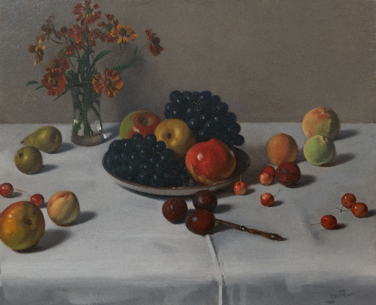 Witsen W.A.  | 'Willem' Arnold Witsen | Schilderijen te koop aangeboden | Stilleven met fruit en vaas met bloemen, olieverf op doek 52,2 x 64,0 cm, gesigneerd rechtsonder en te dateren ca. 1920