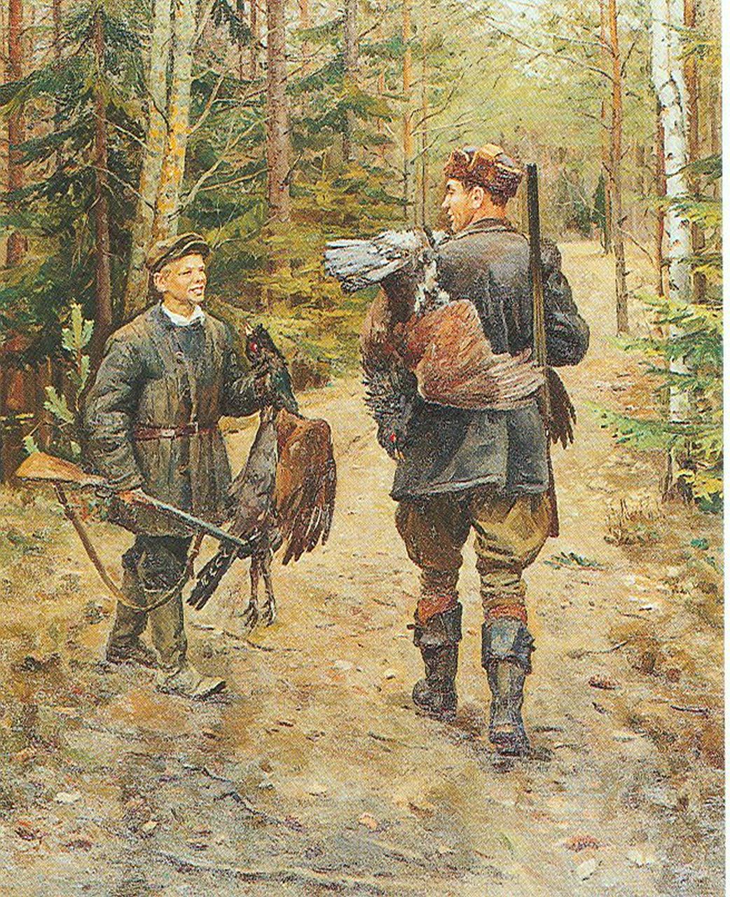 Sysoev N.A.  | Nikolay Aleksandrovitch Sysoev, Terug van fazantenjacht, olieverf op doek 124,0 x 100,0 cm, gesigneerd verso en gedateerd 1955