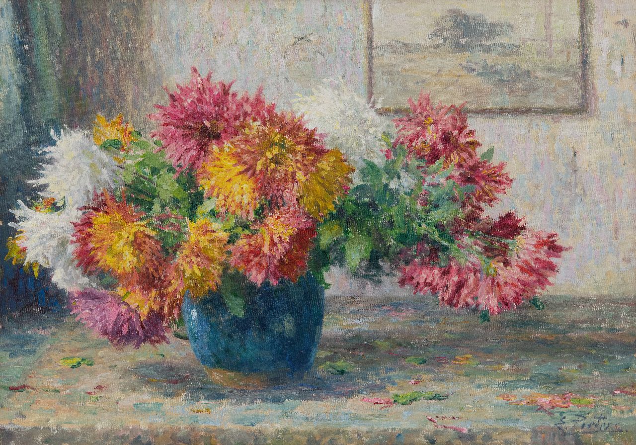 Pieters E.  | Evert Pieters | Schilderijen te koop aangeboden | Gemberpot met asters, olieverf op doek 50,1 x 71,1 cm, gesigneerd rechtsonder