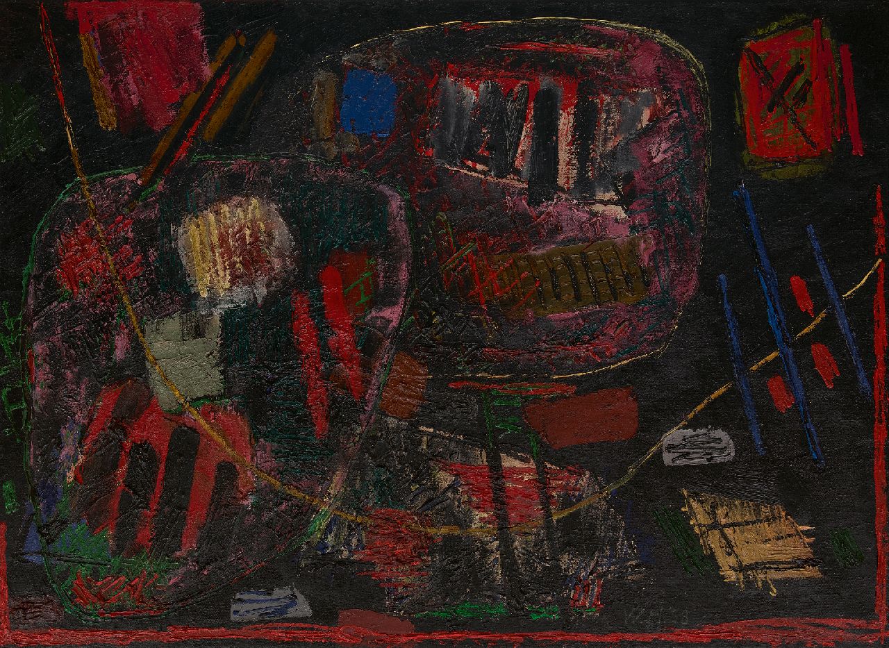 Hussem W.F.K. | 'Willem' Frans Karel Hussem | Schilderijen te koop aangeboden | Zonder titel, olieverf op jute 95,1 x 130,0 cm, gesigneerd rechtsonder met initialen en gedateerd '58 Hussem W.F.K. | 'Willem' Frans Karel Hussem | Schilderijen te koop aangeboden | Zonder titel, olieverf op jute 95,1 x 130,0 cm, gesigneerd rechtsonder met initialen en gedateerd '58