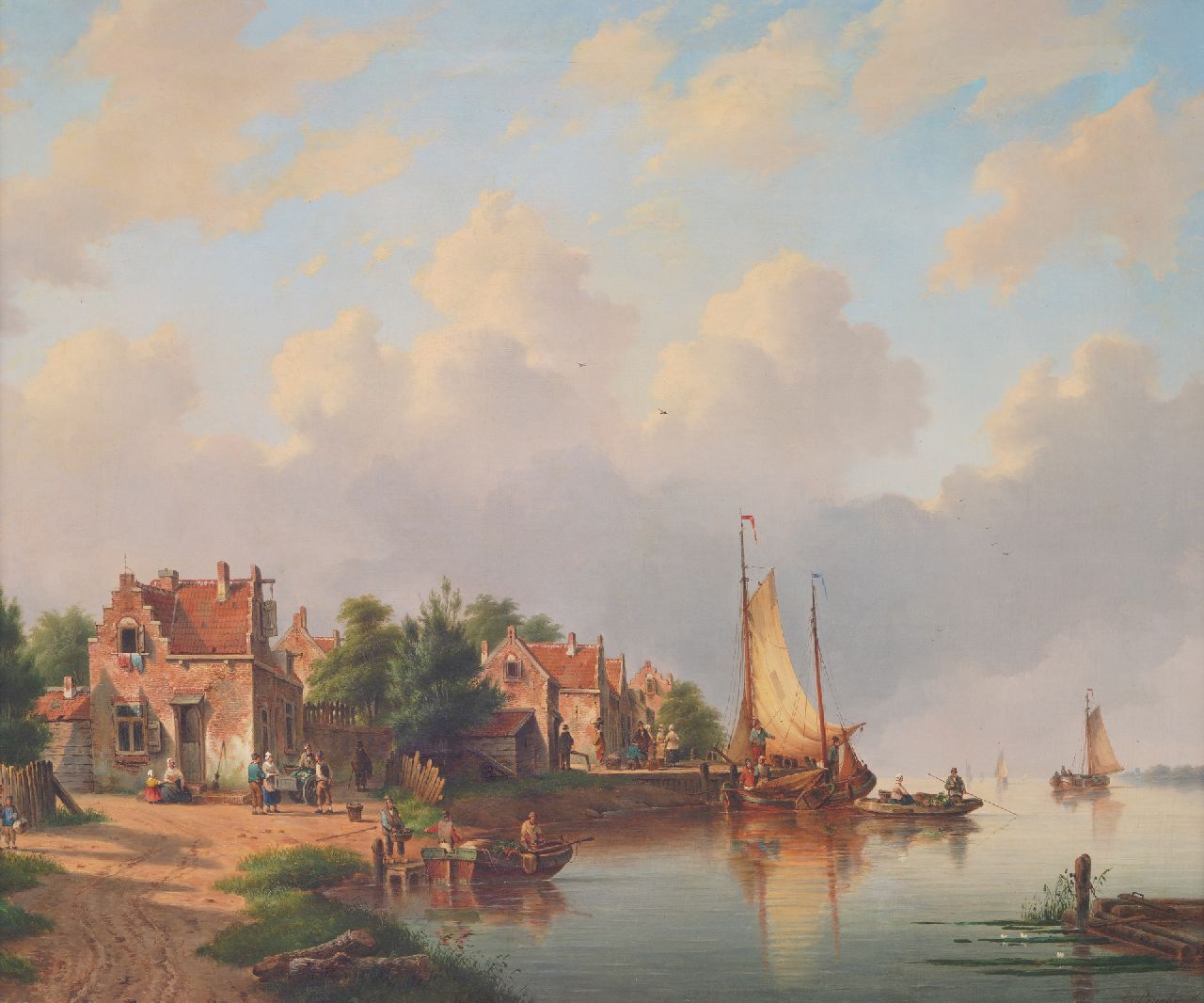 Hendriks G.  | Gerardus 'George Henry' Hendriks | Schilderijen te koop aangeboden | Dorp aan de rivier met voetveer en zeilschepen, olieverf op doek 83,0 x 98,4 cm