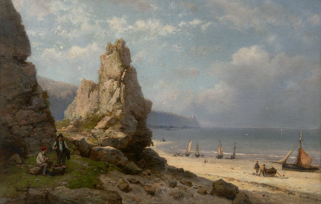 Koekkoek H. | Hermanus Koekkoek | Schilderijen te koop aangeboden | Strandgezicht met vissers en schepen langs een rotskust, olieverf op doek 37,2 x 57,5 cm, gesigneerd middenonder Koekkoek H. | Hermanus Koekkoek | Schilderijen te koop aangeboden | Strandgezicht met vissers en schepen langs een rotskust, olieverf op doek 37,2 x 57,5 cm, gesigneerd middenonder