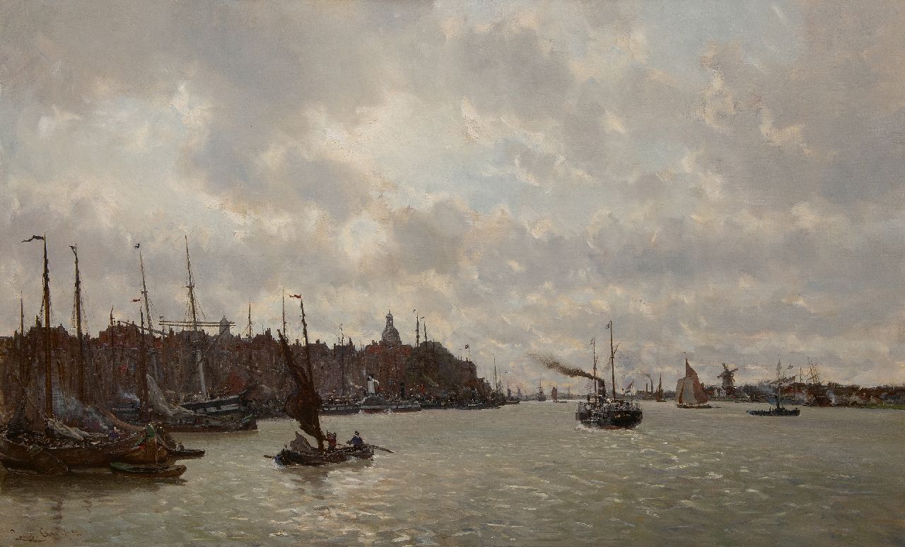 Apol L.F.H.  | Lodewijk Franciscus Hendrik 'Louis' Apol, Gezicht op Dordrecht over de rivier de Merwede, olieverf op doek 91,3 x 147,0 cm, gesigneerd linksonder en gedateerd '82