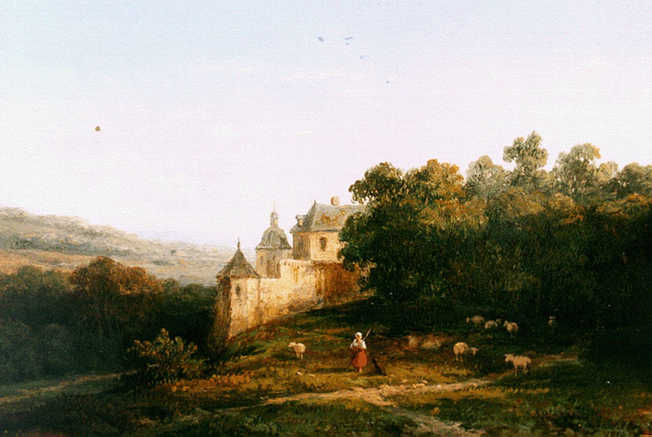 Wijngaerdt A.J. van | Anthonie Jacobus van Wijngaerdt, Heuvellandschap met kasteel, olieverf op paneel 15,2 x 22,2 cm, gesigneerd rechtsonder en gedateerd 1854