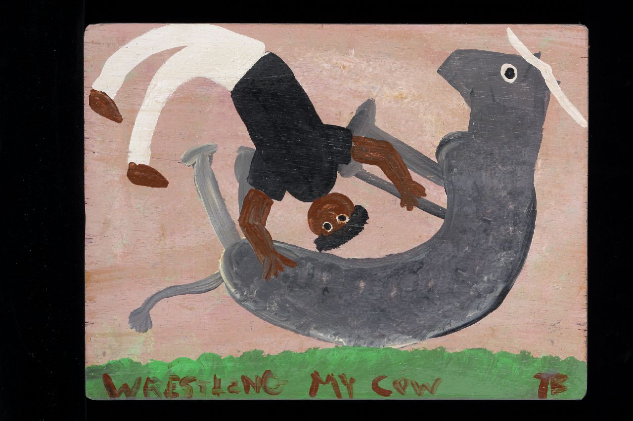 Brown T.  | Timothy 'Tim' Brown, Wrestling my cow, acryl op paneel 30,4 x 40,3 cm, gesigneerd rechtsonder met initialen