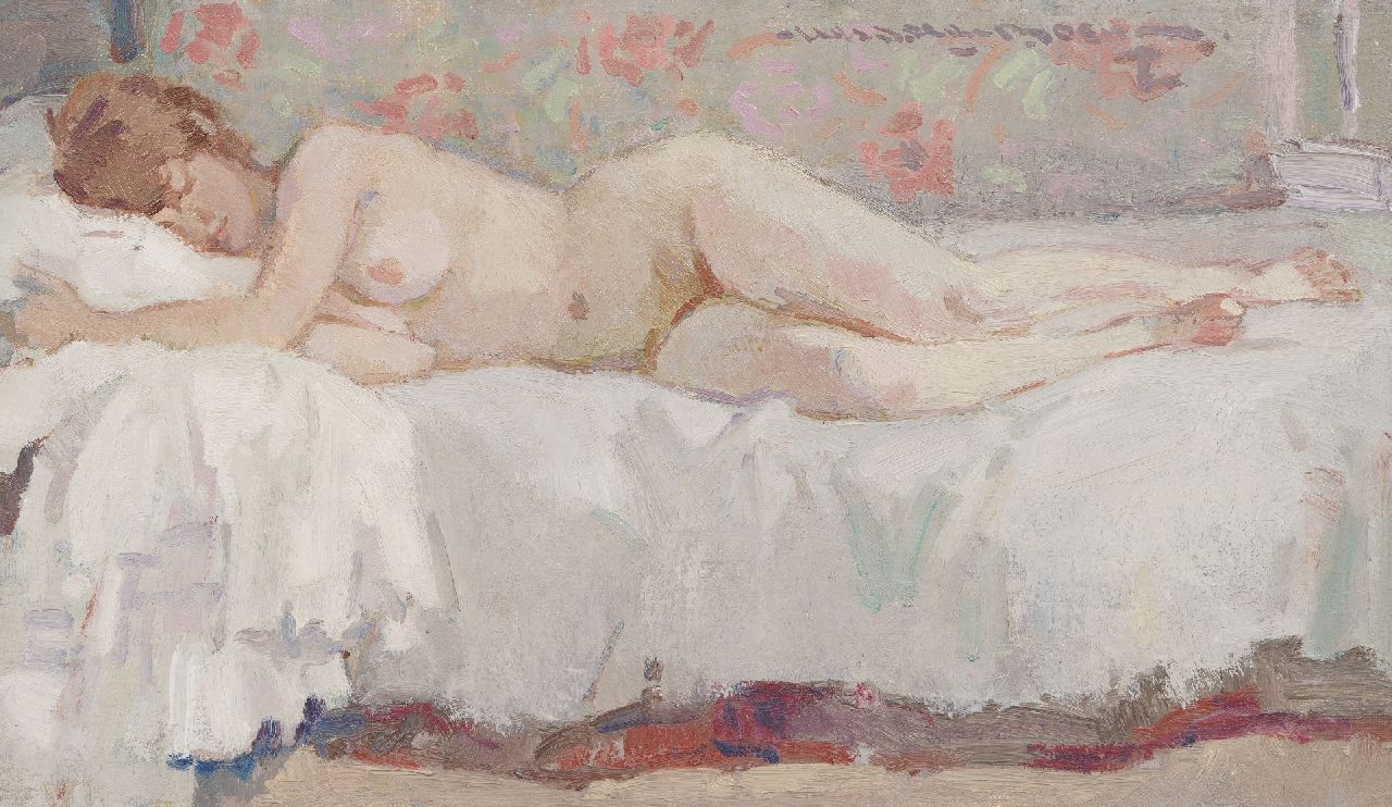 Boer H. de | Hessel de Boer, Liggend naakt, olieverf op doek 30,7 x 51,5 cm, gesigneerd rechtsboven Boer H. de | Hessel de Boer, Liggend naakt, olieverf op doek 30,7 x 51,5 cm, gesigneerd rechtsboven