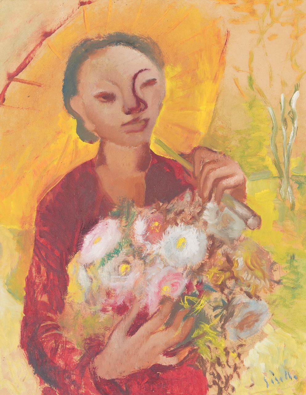 Giselle Kuster | Indische vrouw met bloemen en parasol, olieverf op paneel, 63,5 x 49,6 cm, gesigneerd r.o. en te dateren ca. 1948-1949