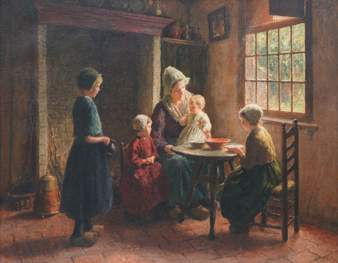Pothast B.J.C.  | 'Bernard' Jean Corneille Pothast | Schilderijen te koop aangeboden | Hollands interieur met jonge familie, olieverf op doek 80,0 x 100,0 cm, gesigneerd rechtsonder