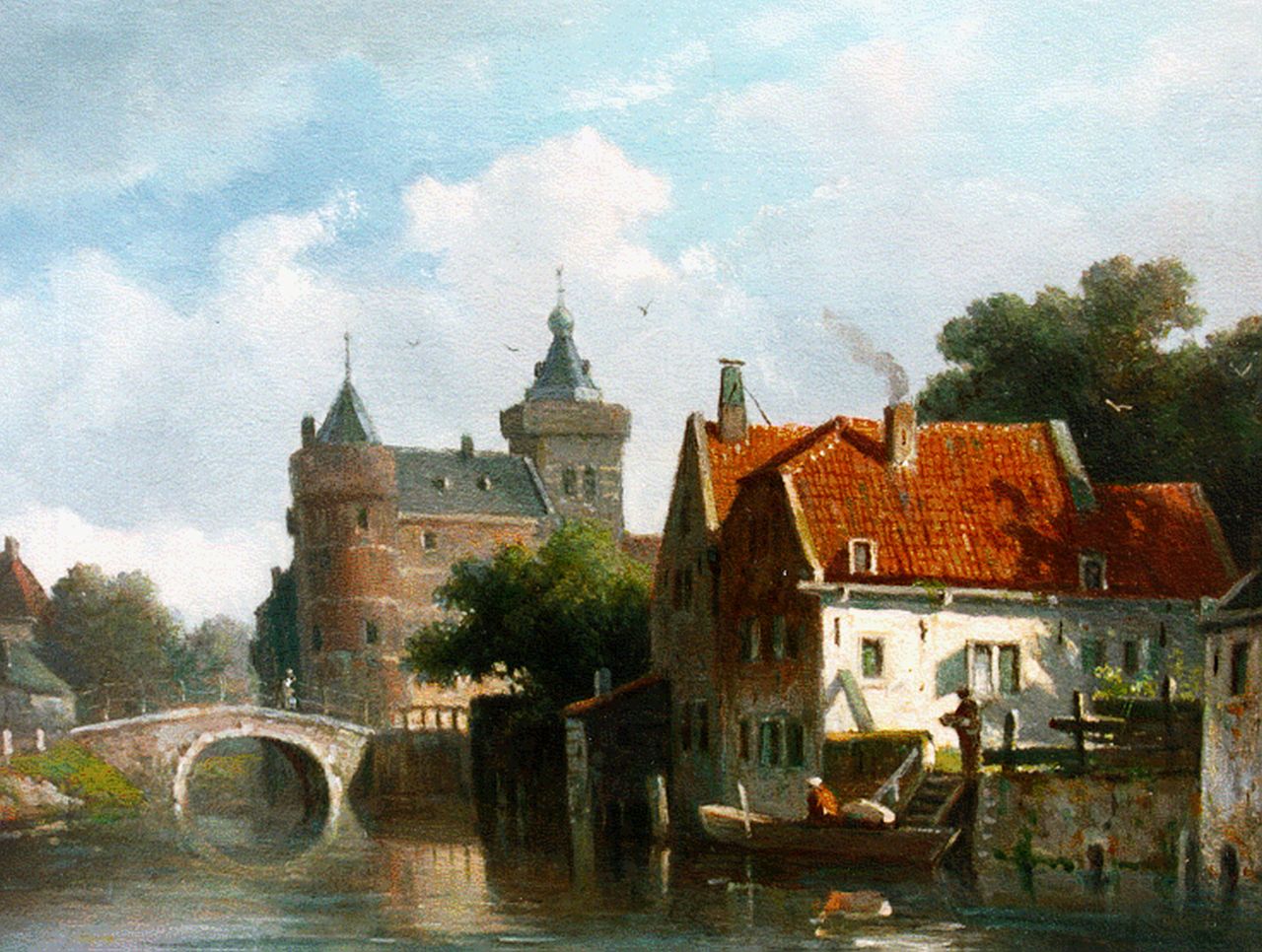 Eversen A.  | Adrianus Eversen, Zonnig stadsgezicht met kasteel op achtergrond, olieverf op paneel 19,2 x 25,6 cm, gesigneerd rechtsonder monogram