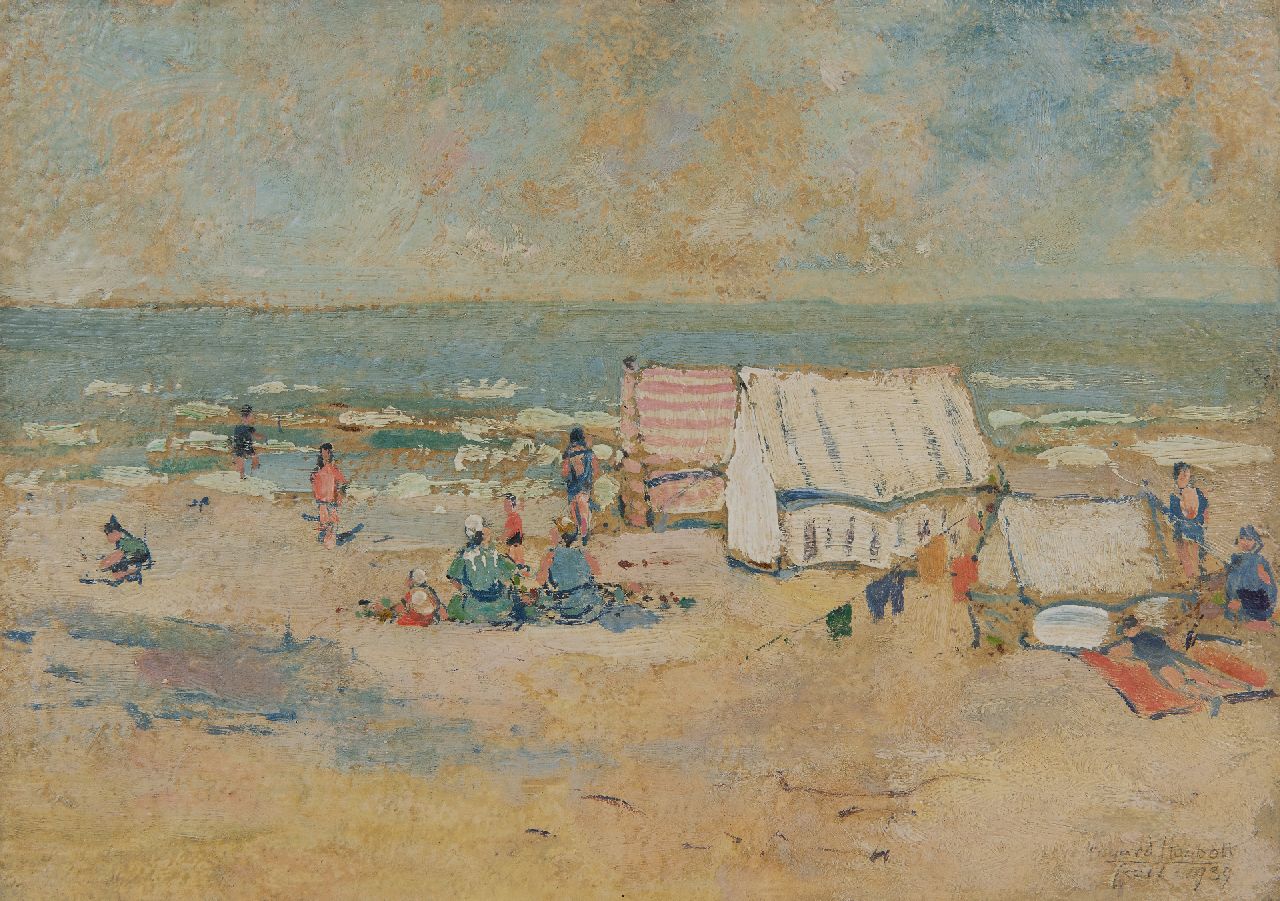 Houbolt E.  | 'Eduard' Johannes Fredericus Houbolt | Schilderijen te koop aangeboden | Badgasten op het stille strand, Scheveningen, olieverf op paneel 22,4 x 31,6 cm, gesigneerd rechtsonder en gedateerd 1939