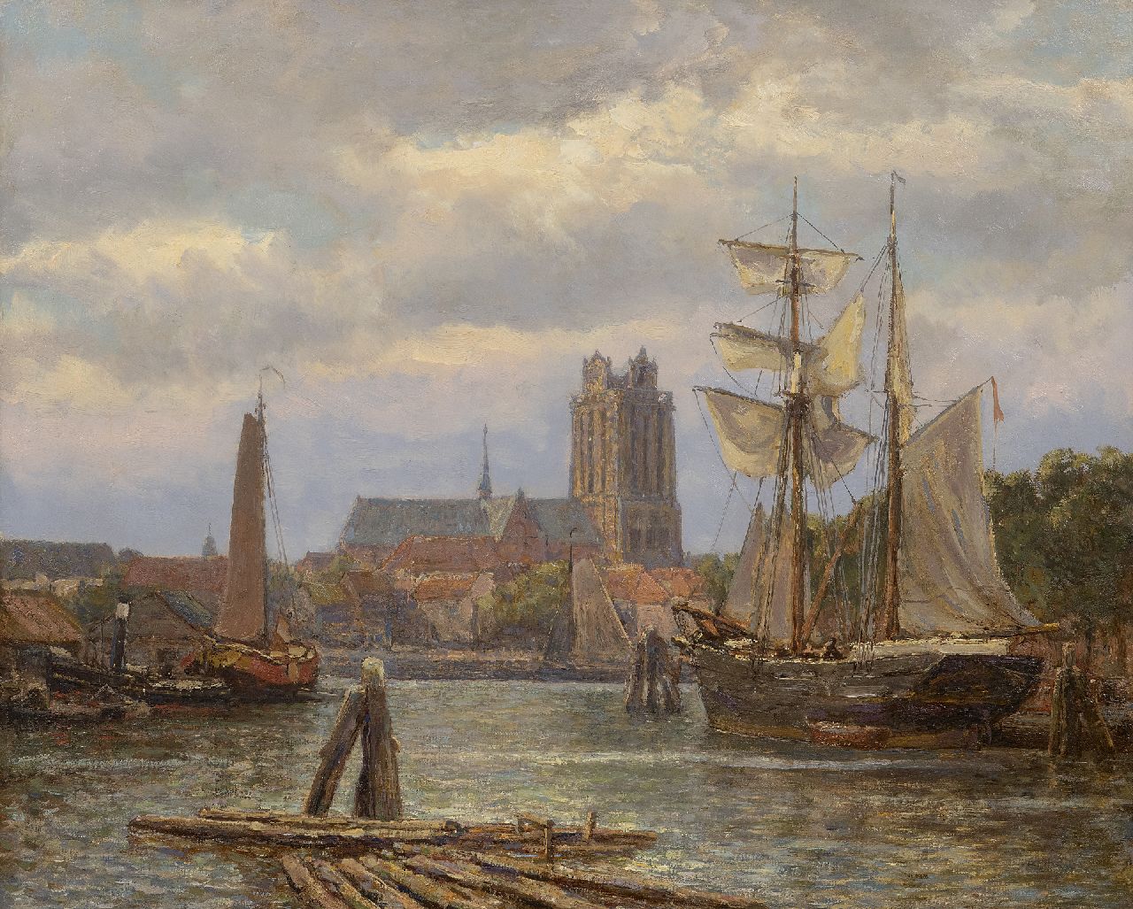 Koekkoek G.J. | Gerardus Johannes 'Gerard' Koekkoek, Gezicht op Dordrecht vanaf het water, olieverf op doek 49,8 x 60,6 cm, gesigneerd rechtsonder Koekkoek G.J. | Gerardus Johannes 'Gerard' Koekkoek, Gezicht op Dordrecht vanaf het water, olieverf op doek 49,8 x 60,6 cm, gesigneerd rechtsonder