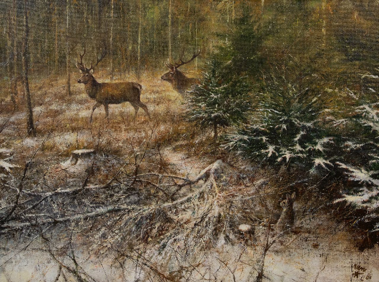 Poortvliet R. | Rien Poortvliet, Herten in een besneeuwd boslandschap, olieverf op doek 60,5 x 80,4 cm, gesigneerd rechtsonder en op spieraam en gedateerd 1988 Poortvliet R. | Rien Poortvliet, Herten in een besneeuwd boslandschap, olieverf op doek 60,5 x 80,4 cm, gesigneerd rechtsonder en op spieraam en gedateerd 1988