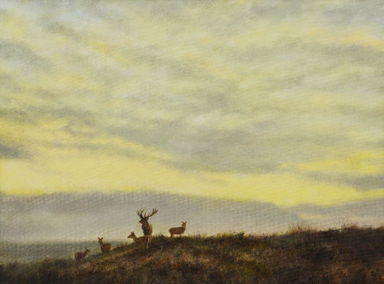 Poortvliet R.  | Rien Poortvliet, Herten in een heidelandschap, olieverf op doek 60,0 x 80,0 cm, gesigneerd rechtsonder