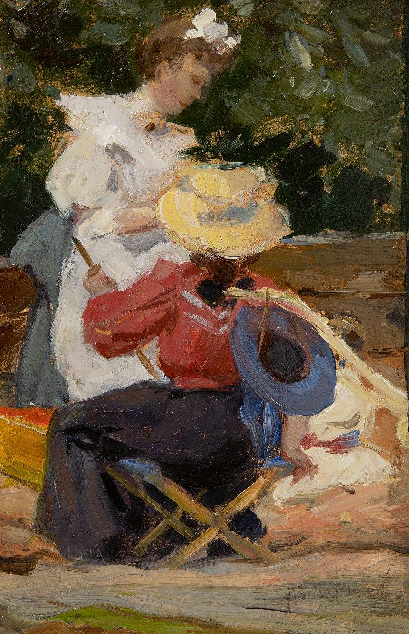 August van Voorden | Middag in de tuin, olieverf op papier op paneel, 20,3 x 13,5 cm, gesigneerd r.o.