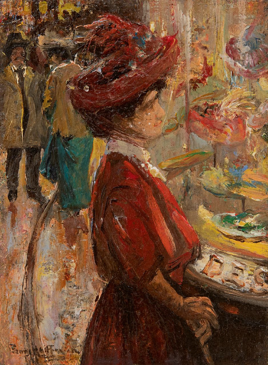 Helfferich F.W.  | Franciscus Willem 'Frans' Helfferich | Schilderijen te koop aangeboden | Elegante dame voor Haagse hoedenwinkel, olieverf op paneel 16,0 x 11,8 cm, gesigneerd linksonder