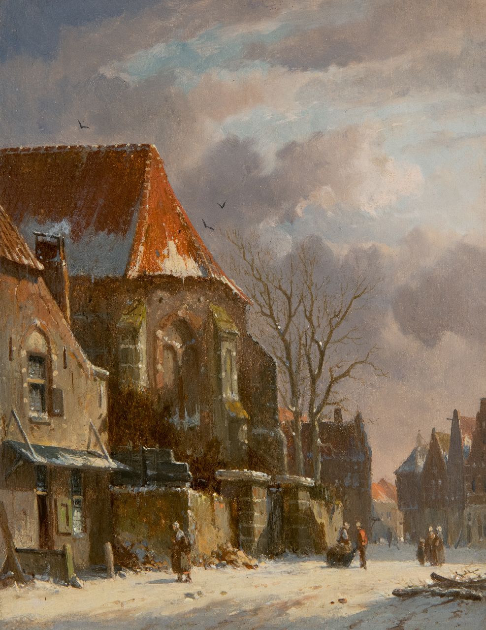 Eversen A.  | Adrianus Eversen | Schilderijen te koop aangeboden | Figuren bij een kerkpoort in de winter (pendant van 25438), olieverf op paneel 19,3 x 14,9 cm, gesigneerd rechtsonder met monogram