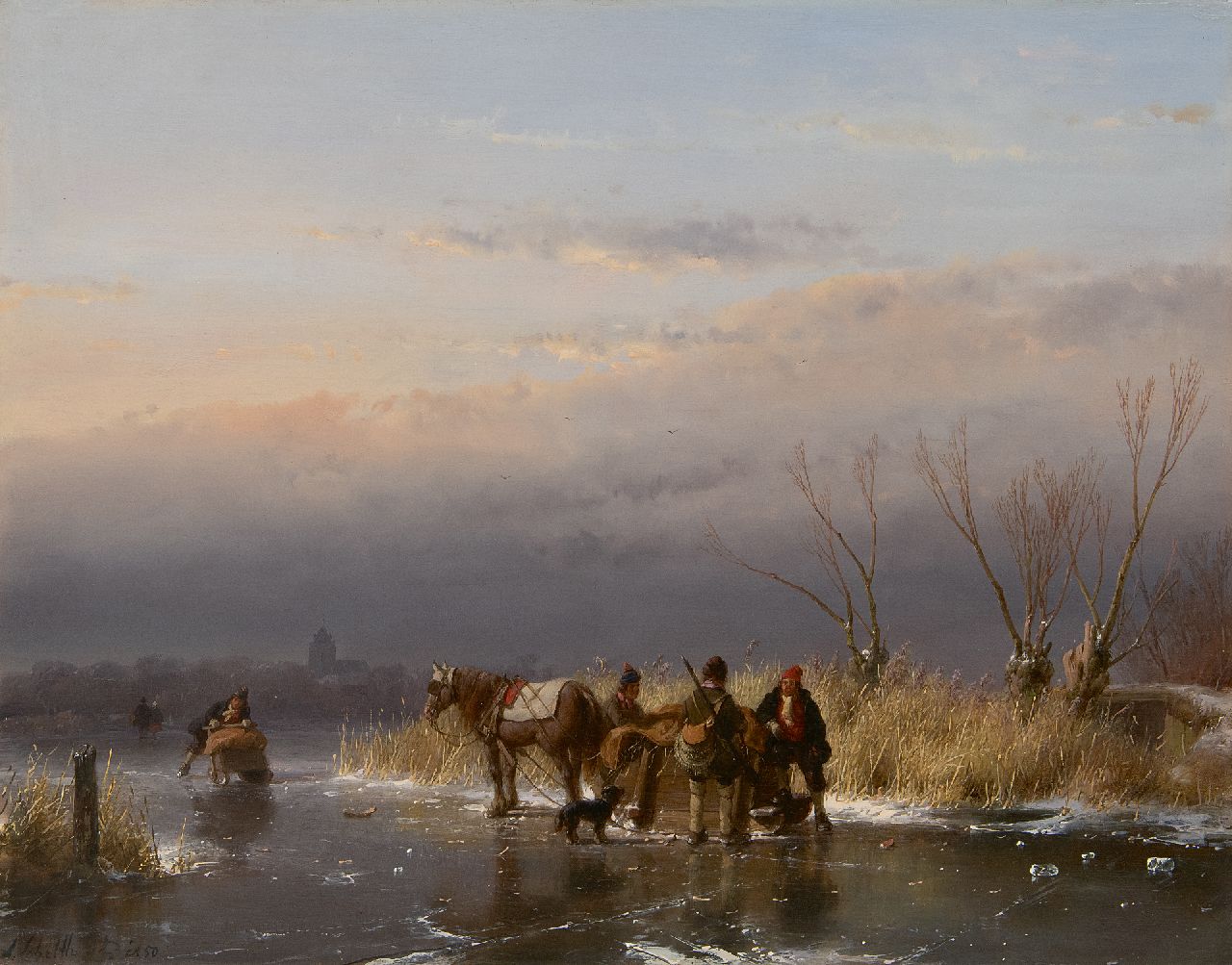 Schelfhout A. | Andreas Schelfhout | Schilderijen te koop aangeboden | IJsgezicht met jager en hond bij een paardenslee, olieverf op paneel 34,5 x 43,9 cm, gesigneerd linksonder en gedateerd 1850 Schelfhout A. | Andreas Schelfhout | Schilderijen te koop aangeboden | IJsgezicht met jager en hond bij een paardenslee, olieverf op paneel 34,5 x 43,9 cm, gesigneerd linksonder en gedateerd 1850