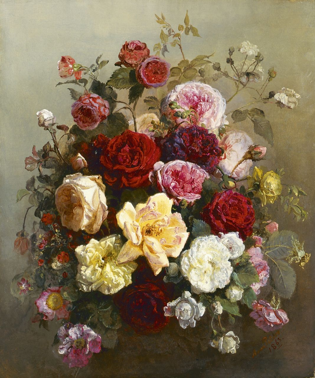 Peters A.  | Anna Peters, Stilleven van rozen, olieverf op doek 58,0 x 48,3 cm, gesigneerd rechtsonder en gedateerd 1863