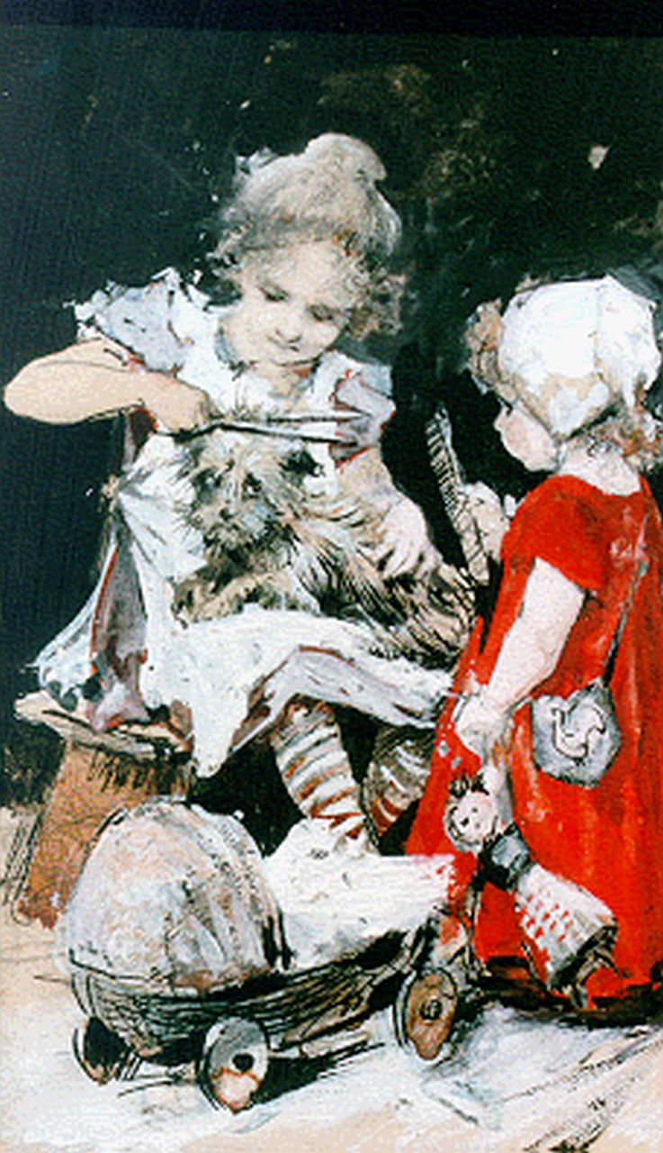 Onbekend   | Onbekend, Bij de hondenkapper, aquarel en gouache op papier 17,2 x 11,0 cm, te dateren ca. 1900