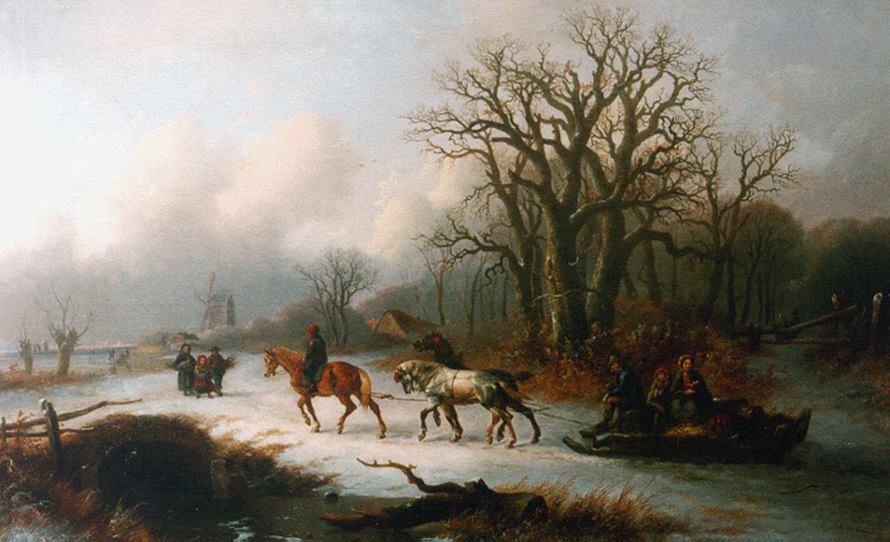 Leeuw A. de | Alexis de Leeuw, Winterlandschap met trekslee en houtsprokkelaars, olieverf op doek 78,5 x 126,7 cm, gesigneerd rechtsonder en gedateerd 1865