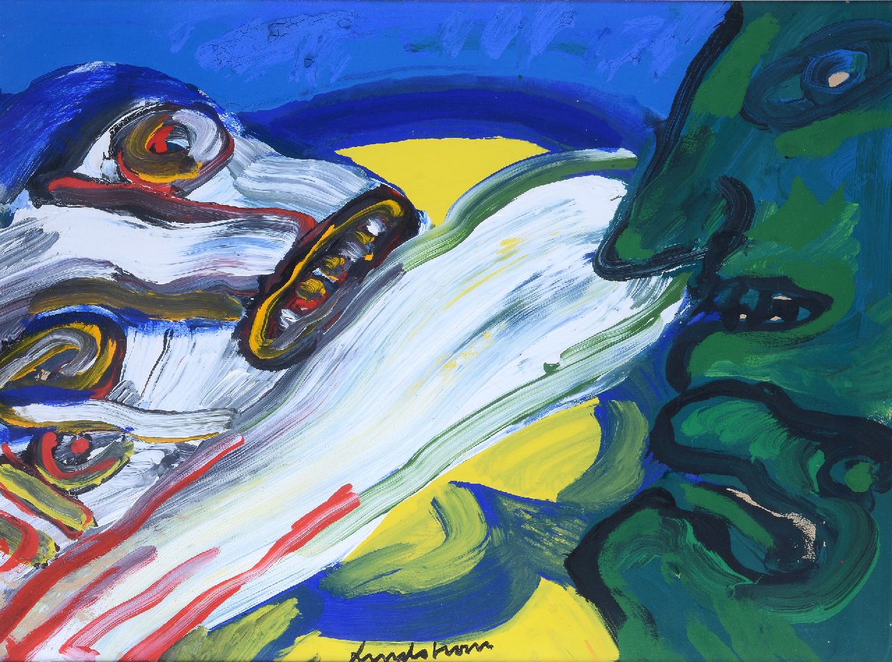 Lindström B.K.E.  | 'Bengt' Karl Erik Lindström | Schilderijen te koop aangeboden | Personages, acryl op doek 56,8 x 76,3 cm, gesigneerd middenonder en verso gedateerd '81