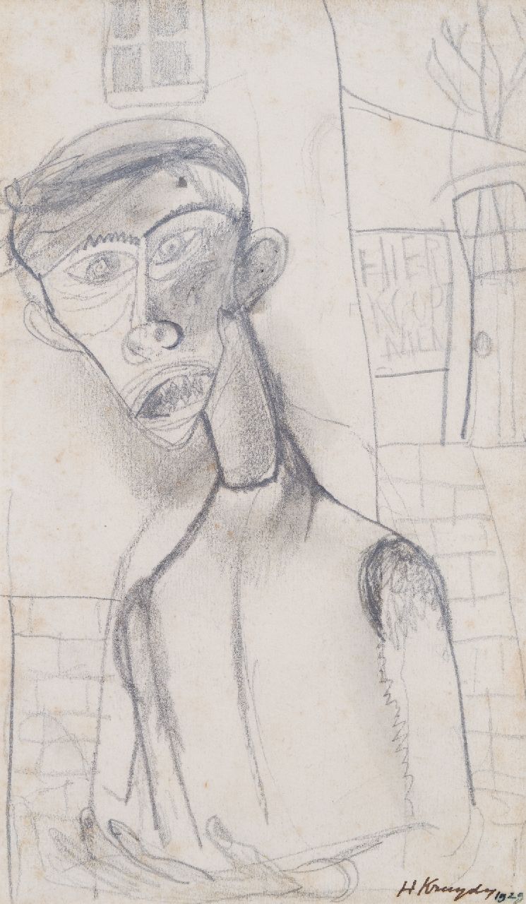 Kruyder H.J.  | 'Herman' Justus Kruyder | Aquarellen en tekeningen te koop aangeboden | Een man: 'hier koopt men', tekening op papier 18,0 x 11,0 cm, gesigneerd rechtsonder en gedateerd 1929 (niet te koop)