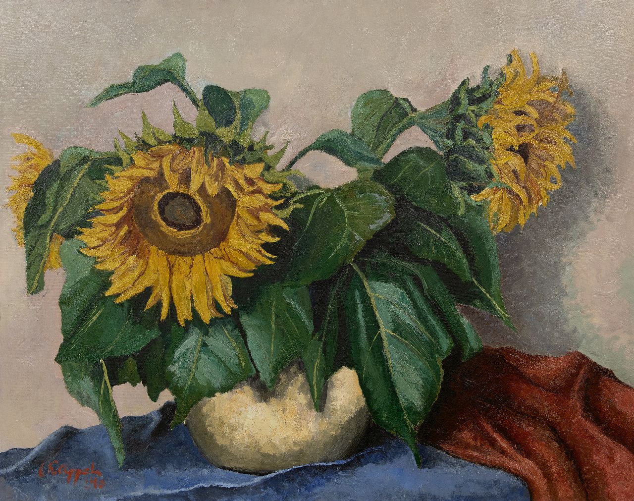 Appel C.K.  | Christiaan 'Karel' Appel |  te koop aangeboden | Stilleven met zonnebloemen, olieverf op papier op doek op paneel - (oil on paper on canvas laid down on panel) 71,0 x 90,0 cm, gesigneerd linksonder en gedateerd '40 VERKOCHT